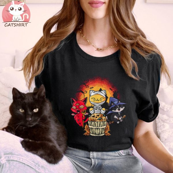 Funny Pumpkin Kitten Witch Cat Halloween Shirt