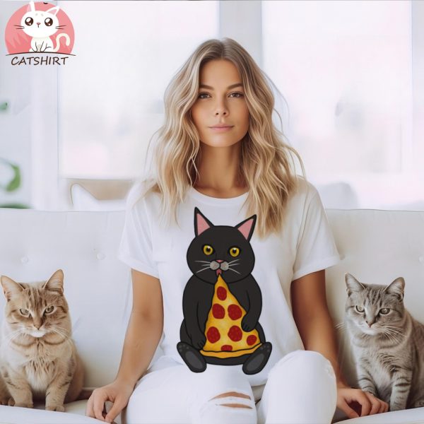 Black Cat Eating Pizza, Funny T Shirt