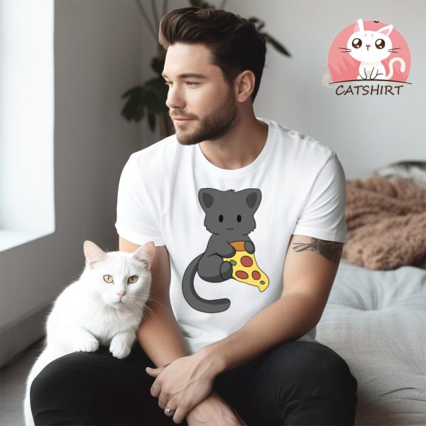 Black Cat with Pizza T Shirt