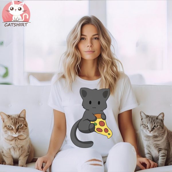 Black Cat with Pizza T Shirt