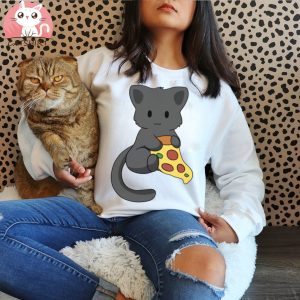 Black Cat with Pizza T Shirt