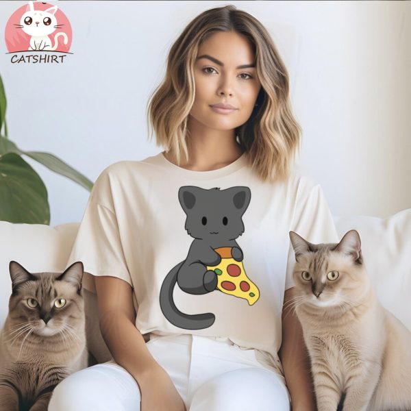 Black Cat with Pizza T Shirt