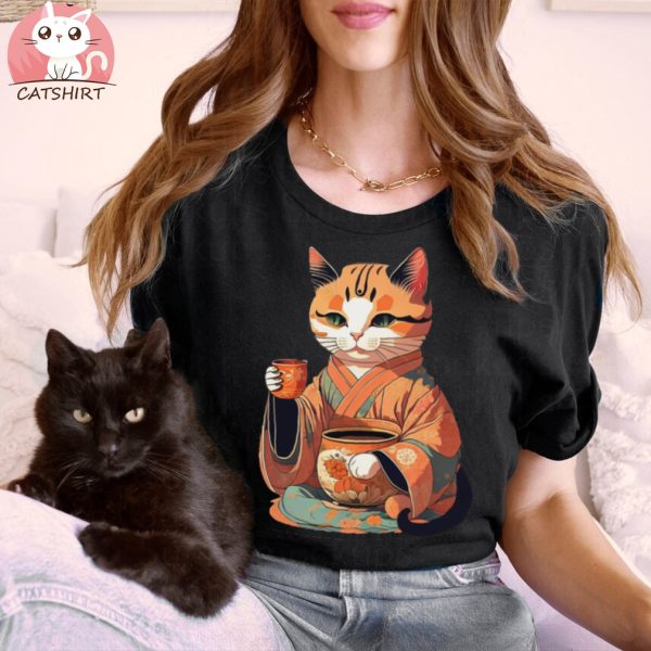 Cat In A Kimono Drinking Tea T Shirt