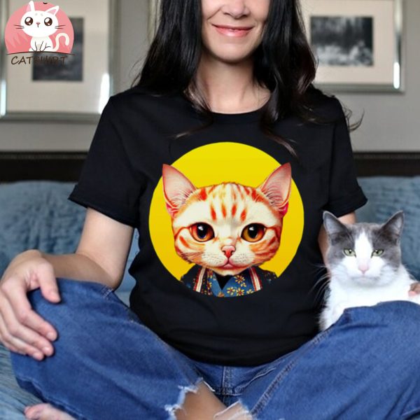 Cat In Kimono Rising Sun Circle Design T Shirt