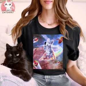 Cat Riding Rainbow Pizza T Shirt