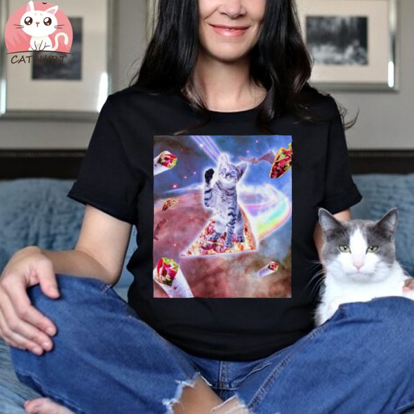 Cat Riding Rainbow Pizza T Shirt