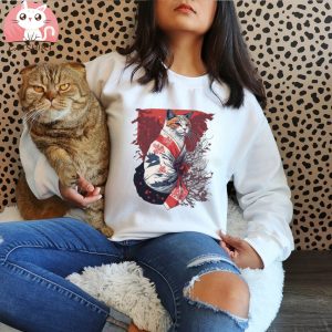 Cat wearing white and red colored kimono T Shirt