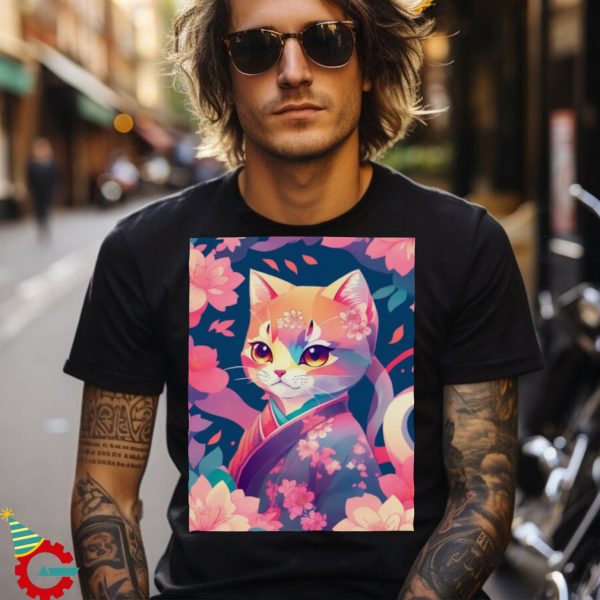 Cute Cat in Kimono with Flower T Shirt