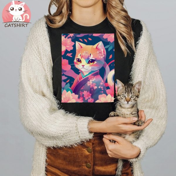 Cute Cat in Kimono with Flower T Shirt