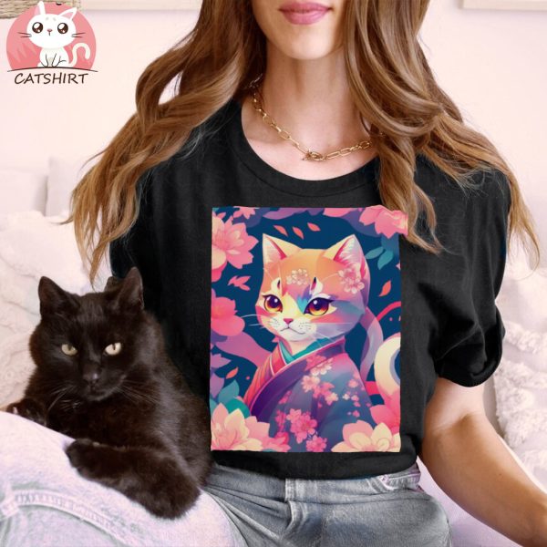 Cute Cat in Kimono with Flower T Shirt