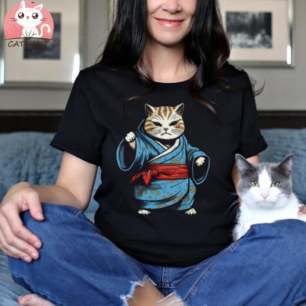 Funny Japanese Karate Fat Cat in Blue Kimono Tee Shirt