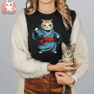 Funny Japanese Karate Fat Cat in Blue Kimono Tee Shirt