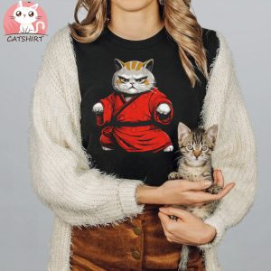 Funny Japanese Karate Fat Cat in Red Kimono T Shirt