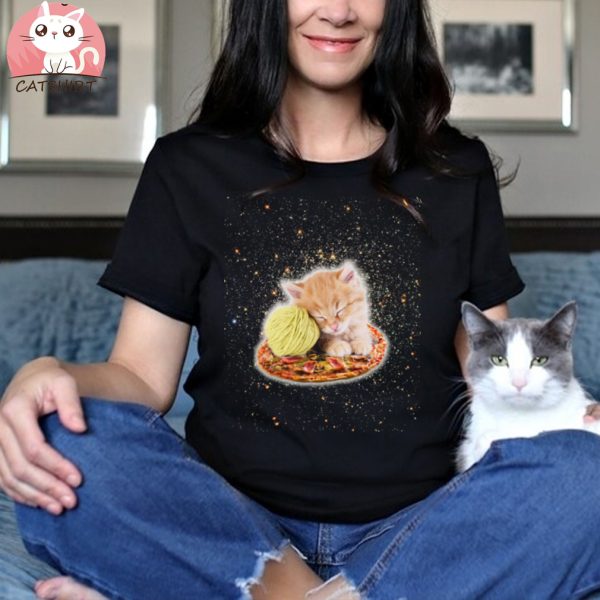 Galaxy Kitty Cat Rid Pizza In Space T Shirt