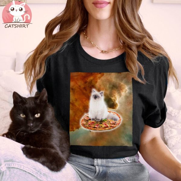 Galaxy Kitty Cat Riding Pizza In Space Shirt