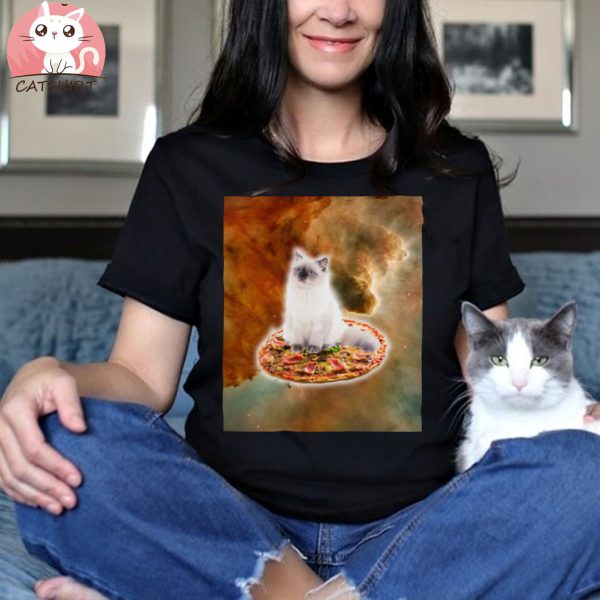 Galaxy Kitty Cat Riding Pizza In Space Shirt