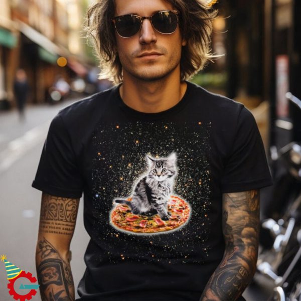 Galaxy Kitty Cat Riding Pizza Tee Shirt