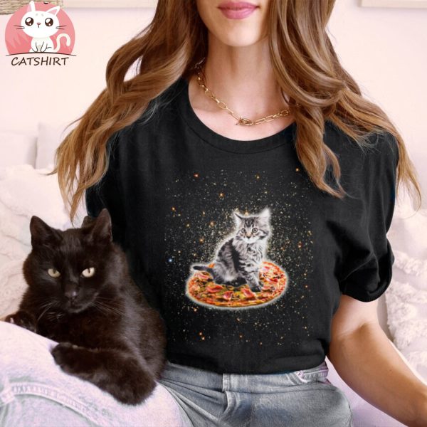 Galaxy Kitty Cat Riding Pizza Tee Shirt