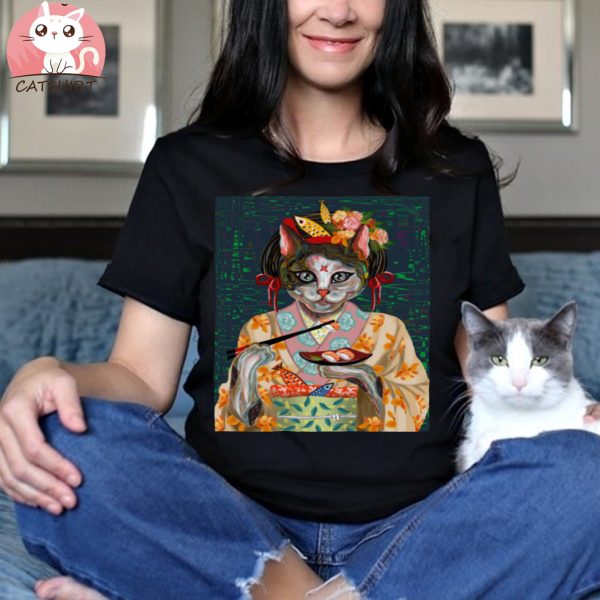 Japanese Kimono Cat Oil Painting Eat Salmon Sushi T Shirt