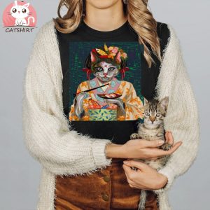 Japanese Kimono Cat Oil Painting Eat Salmon Sushi T Shirt