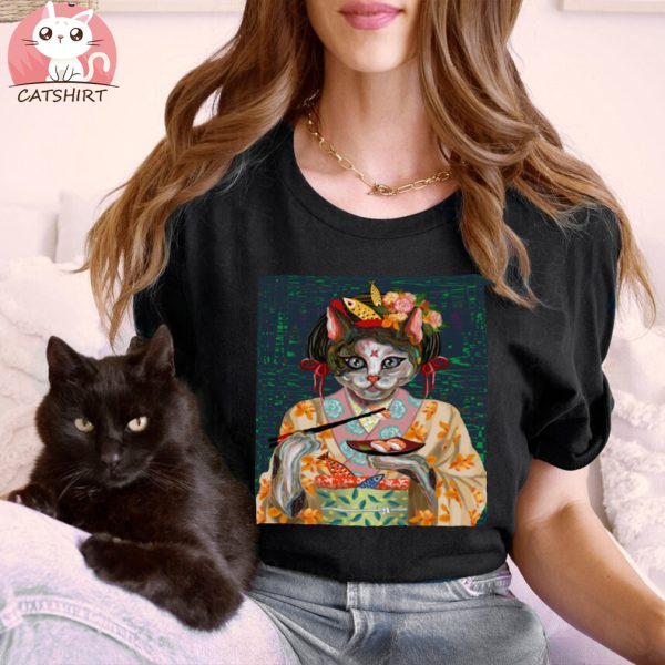 Japanese Kimono Cat Oil Painting Eat Salmon Sushi T Shirt