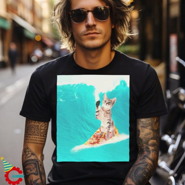 Kitty Cat Surfing Pizza T Shirt