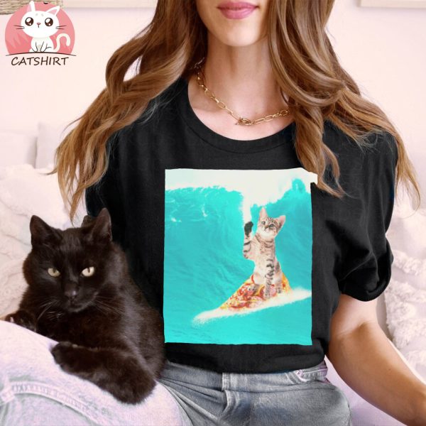 Kitty Cat Surfing Pizza T Shirt