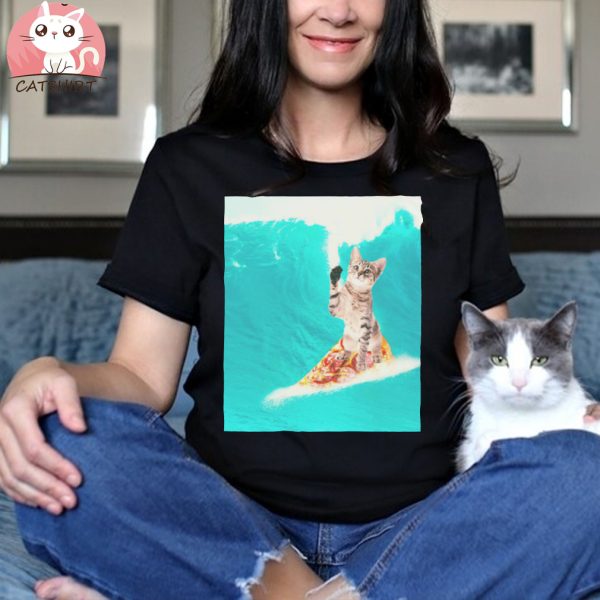 Kitty Cat Surfing Pizza T Shirt