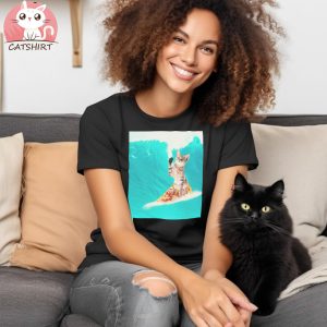 Kitty Cat Surfing Pizza T Shirt