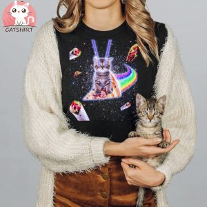 Laser Eyes Space Cat Riding Rainbow Pizza T Shirt