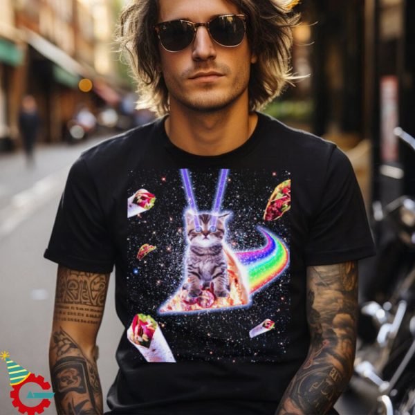 Laser Eyes Space Cat Riding Rainbow Pizza T Shirt