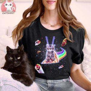 Laser Eyes Space Cat Riding Rainbow Pizza T Shirt