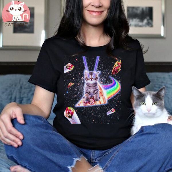 Laser Eyes Space Cat Riding Rainbow Pizza T Shirt