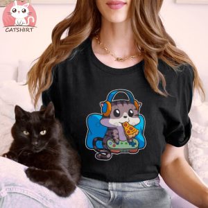 Nerdy Gamer Cat Eating Pizza Cat Lover Gamer Boy Gamer Girl T Shirt