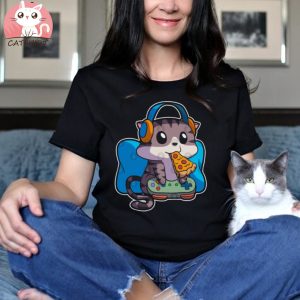 Nerdy Gamer Cat Eating Pizza Cat Lover Gamer Boy Gamer Girl T Shirt