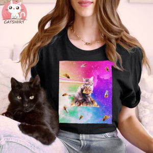 Outer Space Pizza Cat Rainbow Laser Shirt