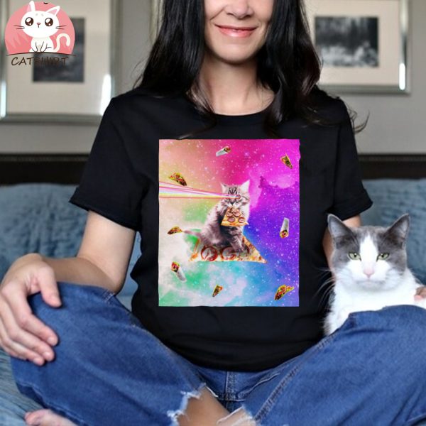 Outer Space Pizza Cat Rainbow Laser Shirt