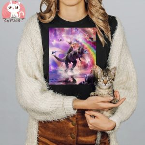 Rainbow Laser Space Cat On Dinosaur Eat Pizza T Shirt