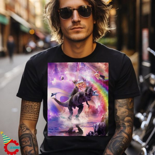 Rainbow Laser Space Cat On Dinosaur Eat Pizza T Shirt