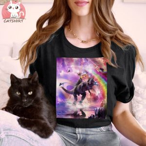 Rainbow Laser Space Cat On Dinosaur Eat Pizza T Shirt