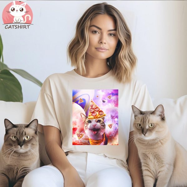 Space Galaxy Cat With Pizza T Shirt