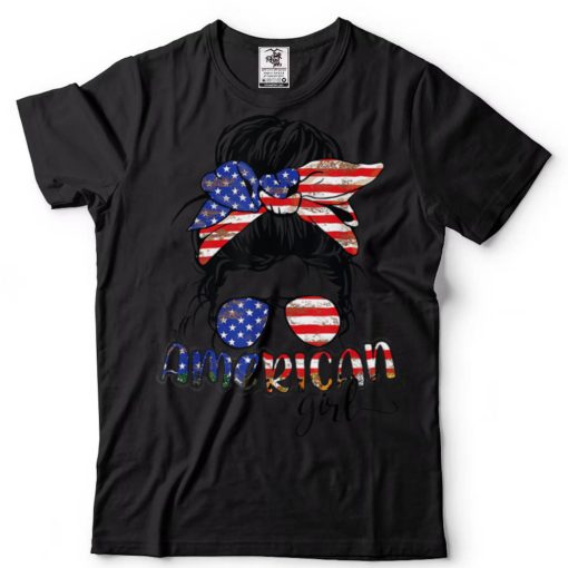 All American Girl 4th Of July Messy Bun USA Flag Womens T Shirts tee