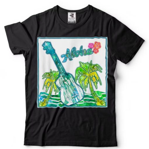 Colorful Hawaiin Aloha Ukelele with Palm Trees and Water T Shirt