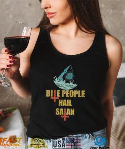 Bite People Hail Satan VIntage Retro Shark Novelty T Shirt