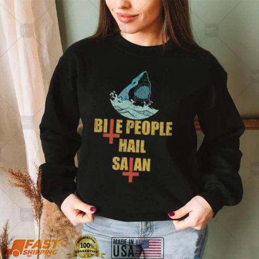 Bite People Hail Satan VIntage Retro Shark Novelty T Shirt