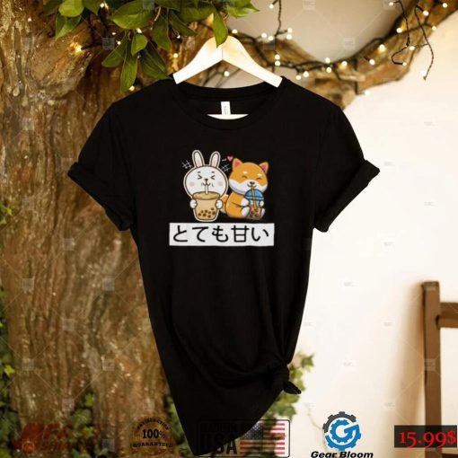 Cute Anime Kawaii Bunny And Fox Drinking Bubble Tea Lover Short Sleeve Unisex T Shirt