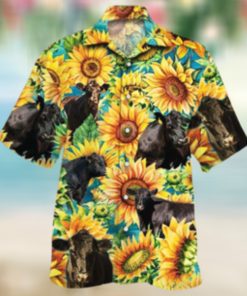 Black Angus Cattle Lovers Sunflower Watercolor Hawaiian Shirt