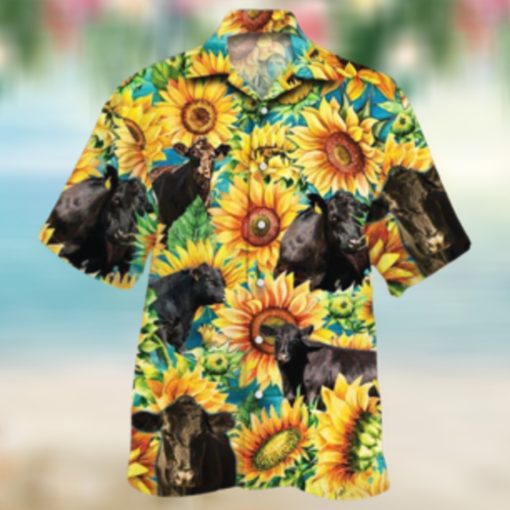 Black Angus Cattle Lovers Sunflower Watercolor Hawaiian Shirt