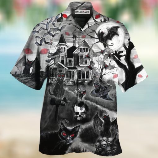 Black Cat Flying Horror Night Halloween Hawaiian Shirt