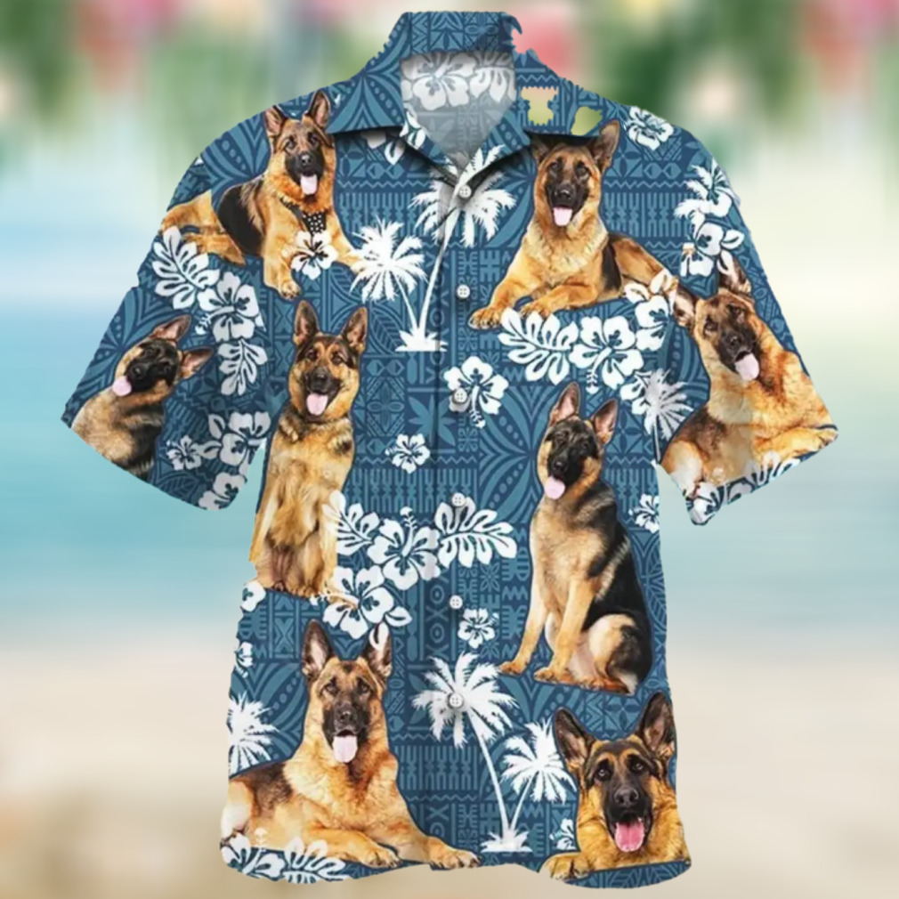 German Shepherd Shirts, Tongue Out German Shepherd Dog Lovers Blue Tribal Pattern Hawaiian Shirt